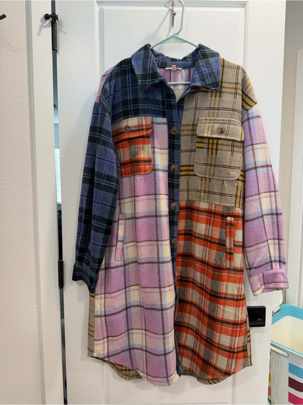 Mystree Multi-Panel Plaid Utility Shacket in Lavender, Navy, Tan & Orange